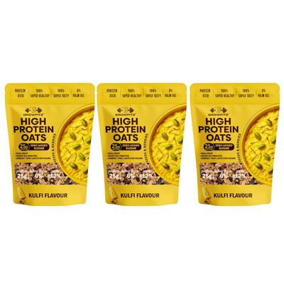 GrowFitz 25g High Protein Oats 800 Gram | Kulfi Flavor Breakfast Oatmeal | 12g High Fiber, Almonds, Raisin, Pumpkin, Chia Seeds, Super Rolled Oats | Healthy Fats, No Added Sugar (Pack of 3)