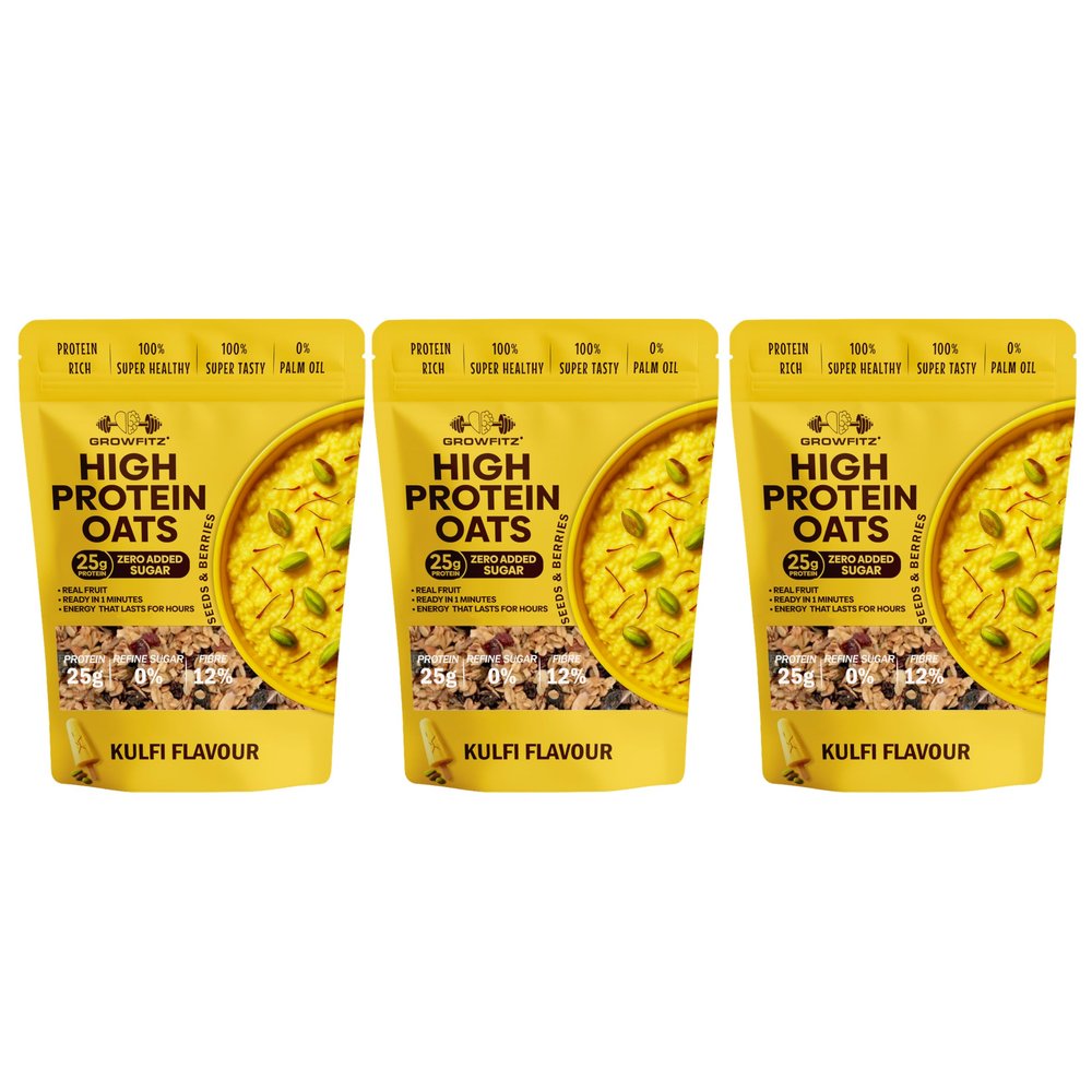 GrowFitz 25g High Protein Oats 800 Gram | Kulfi Flavor Breakfast Oatmeal | 12g High Fiber, Almonds, Raisin, Pumpkin, Chia Seeds, Super Rolled Oats | Healthy Fats, No Added Sugar (Pack of 3)