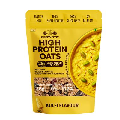 GrowFitz 25g High Protein Oats 800 Gram | Kulfi Flavor Breakfast Oatmeal | 12g High Fiber, Almonds, Raisin, Pumpkin, Chia Seeds, Super Rolled Oats | Healthy Fats, No Added Sugar (Pack of 1)