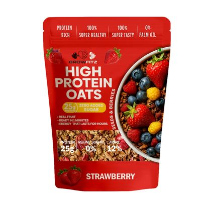 GrowFitz 25g High Protein Oats 800 Gram | Strawberry Flavor Breakfast Oatmeal | 12g High Fiber, Almonds, Raisin, Pumpkin, Chia Seeds, Super Rolled Oats | Healthy Fats, No Added Sugar (Pack of 1)