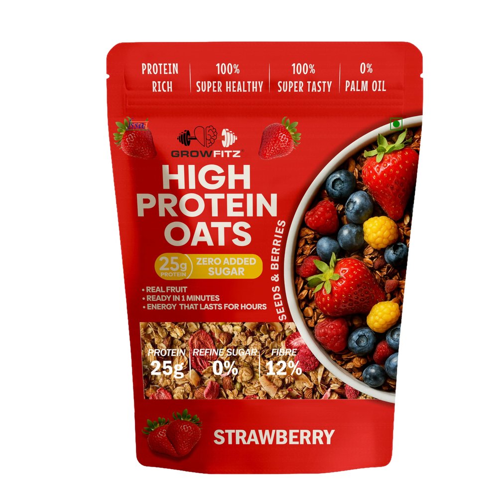 GrowFitz 25g High Protein Oats 800 Gram | Strawberry Flavor Breakfast Oatmeal | 12g High Fiber, Almonds, Raisin, Pumpkin, Chia Seeds, Super Rolled Oats | Healthy Fats, No Added Sugar (Pack of 1)