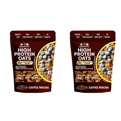 GrowFitz 25g High Protein Oats 800 Gram | Caffee Mocha Flavor Breakfast Oatmeal | 12g High Fiber, Almonds, Raisin, Pumpkin, Chia Seeds, Super Rolled Oats | Healthy Fats, No Added Sugar (Pack of 2)