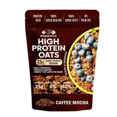 GrowFitz 25g High Protein Oats 800 Gram | Caffee Mocha Flavor Breakfast Oatmeal | 12g High Fiber, Almonds, Raisin, Pumpkin, Chia Seeds, Super Rolled Oats | Healthy Fats, No Added Sugar (Pack of 1)