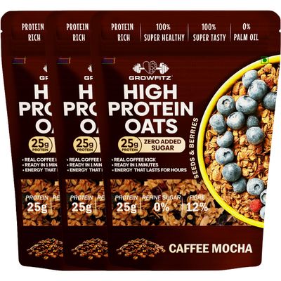 GrowFitz 25g High Protein Oats 800 Gram | Caffee Mocha Flavor Breakfast Oatmeal | 12g High Fiber, Almonds, Raisin, Pumpkin, Chia Seeds, Super Rolled Oats | Healthy Fats, No Added Sugar (Pack of 3)