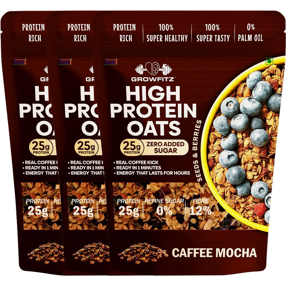 GrowFitz 25g High Protein Oats 800 Gram | Caffee Mocha Flavor Breakfast Oatmeal | 12g High Fiber, Almonds, Raisin, Pumpkin, Chia Seeds, Super Rolled Oats | Healthy Fats, No Added Sugar (Pack of 3)