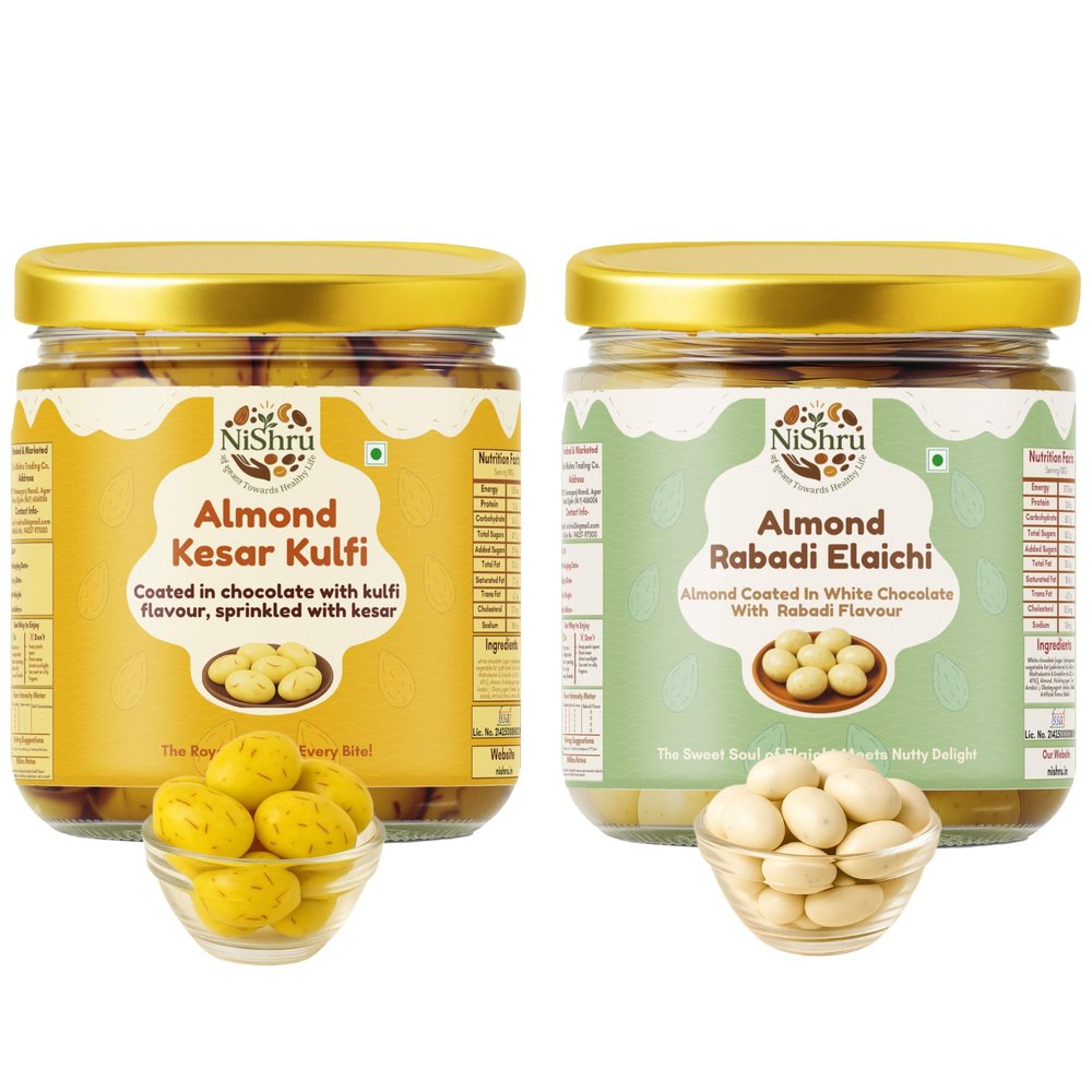 NiShru Almond Kesar Kulfi & Almond Rabadi Elaichi  Premium Chocolate-Coated Flavoured Almonds Sweet Snack Combo | Festive Dry Fruit Gift Pack | 150g  2 (300g Total)