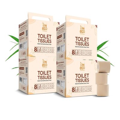 IMECO Bamboo Toilet Tissue Rolls 7040 Pulls (Pack of 4, 220 x 8 Rolls) | 3-Ply Unbleached Toilet Paper | 100% Natural & Eco-Friendly | Soft & Highly Absorbent Tissues | Hypoallergenic