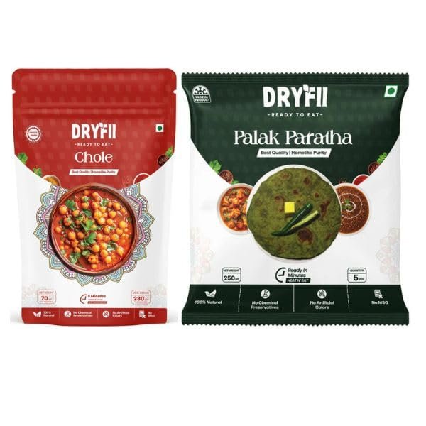 Dryfii Ready-to-Eat Combo  Chole & Palak Paratha | 5 Palak Paratha in 1 Pack| Instant Veg Meal | Office Lunch Ready to Eat | Travel-Friendly & No Preservatives| Pack of 2