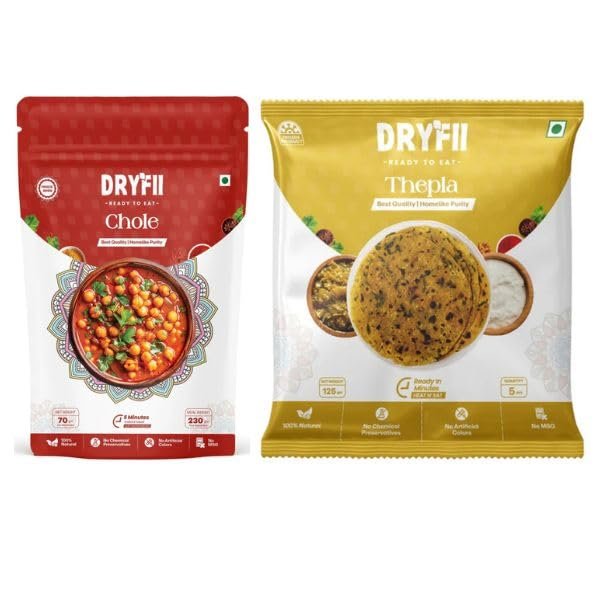 Dryfii Thepla with CHOLE Combo| 5 Pieces Thepla in 1 Pack | Ready to Eat Combo Meal | Quick Cooking | Perfect for Travel & Home | Pure Vegetarian Indian Food | Pack of 2