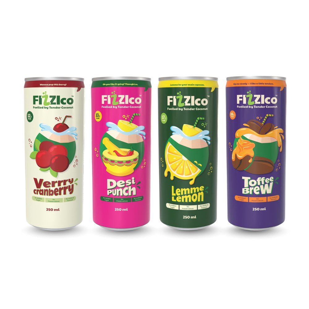 FIZZICO Sparkling Coconut Water | Pack of 4 - Lemme Lemon , Desi Punch , Toffee Brew , Very Cranberry | Natural Hydration Drink | No Added Sugar, No Preservatives | Refreshing Low-Calorie Beverage, 250ml Soda Can