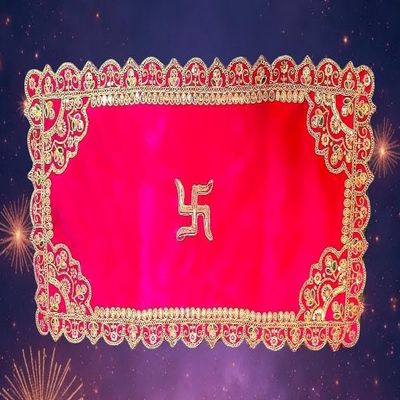 Partish Embroidered Magenta Velvet Puja Asan Cloth for Pooja and God Idol/Puja Aasan Kapda/Chawki Altar Red Puja Cloth for Mandir, Temple and Other Puja Rituals