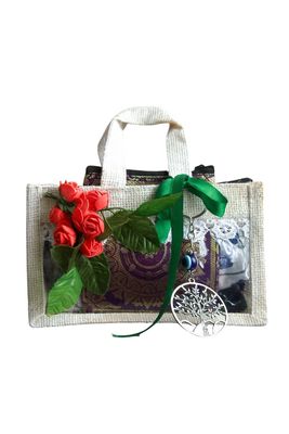 28Rajya Premium Gift Hamper with Banarasi Coin Pouch, 6 Cotton Hankies - (Same Design), Chikankari Dupatta/Stole, Decorative Jute Bag with Roses & Charm Perfect for Festive, Wedding & Return Gifts