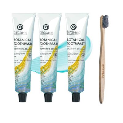 Birdsong Botanical Toothpaste 300g SLS & Fluoride Free Natural Gel For Sensitive Teeth & Gums, Teeth Whitening, Plaque, Bad Breath, Cavity Care Spearmint & Sea Salt (100g x Pack 3) Free Toothbrush