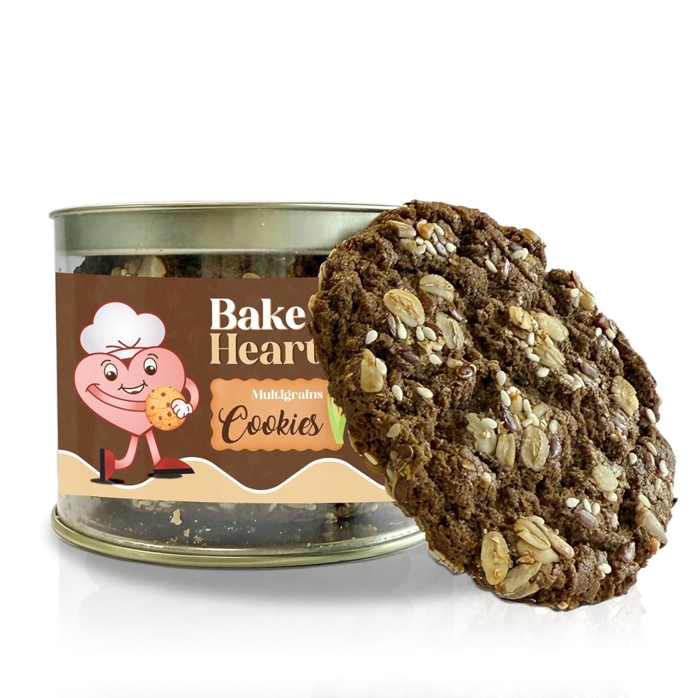 BakeHeart Multi Grain Cookies | Healthy Cookies Made with Oats, Flax Seeds & Sesame | High Fibre Bakery Biscuits | Handmade Premium Multigrain Snacks | Gluten-Free, Eggless | 200g Pack