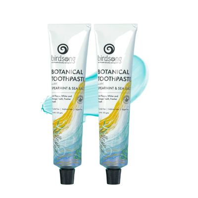 Birdsong Botanical Toothpaste 200g SLS & Fluoride Free Natural Gel For Sensitive Teeth & Gums, Teeth Whitening, Plaque, Bad Breath, Cavity Care Spearmint & Sea Salt Dental Care (100g x Pack 2)