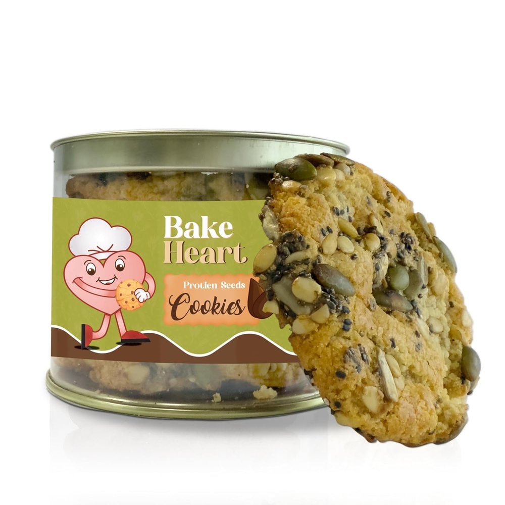 Bake Heart Protein Seed Cookies | Healthy, Nutritious, and Delicious Biscuits | Made with Chia, Pumpkin, Sunflower & Watermelon Seeds | Tea Time Bakery Snacks | Gluten-Free | 200g Pack