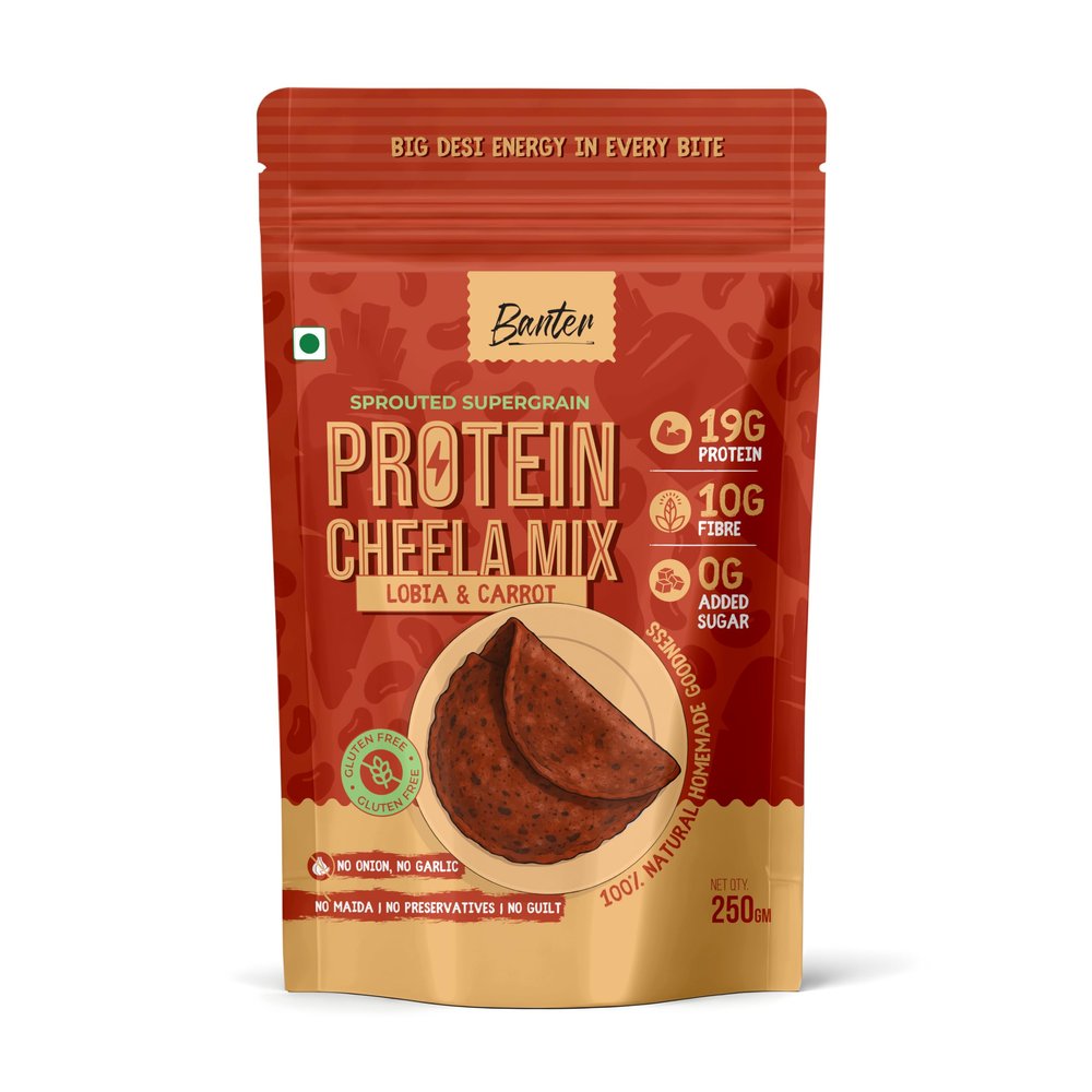 Banter Protein Cheela Mix Lobia & Carrot | 19g Plant Protein | High Fibre | 100% Natural & Gluten-Free | No Onion, No Garlic | No Added Sugar | Sprouted Lobia Instant Breakfast Mix | 250g (Pack of 2)