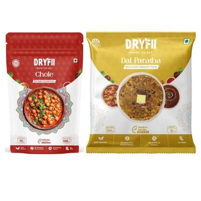 Dryfii Ready-to-Eat Dal Paratha with Chole | 5 Dal Paratha in 1 Pack| Ready to Eat Combo Meal | Quick Cooking | Perfect for Travel & Home | Pure Vegetarian Indian Food| Pack of 2