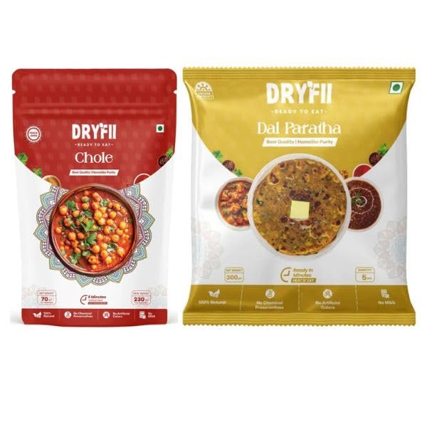 Dryfii Ready-to-Eat Dal Paratha with Chole | 5 Dal Paratha in 1 Pack| Ready to Eat Combo Meal | Quick Cooking | Perfect for Travel & Home | Pure Vegetarian Indian Food| Pack of 2