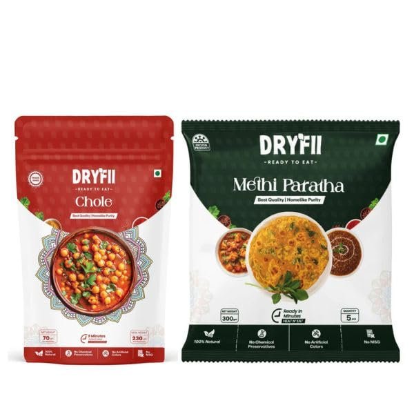 Dryfii Ready-to-Eat Combo  Chole & Methi Paratha | 5 Methi Paratha in 1 Pack| Instant Veg Meal | Heat & Eat | Travel-Friendly & No Preservatives| Pack of 2