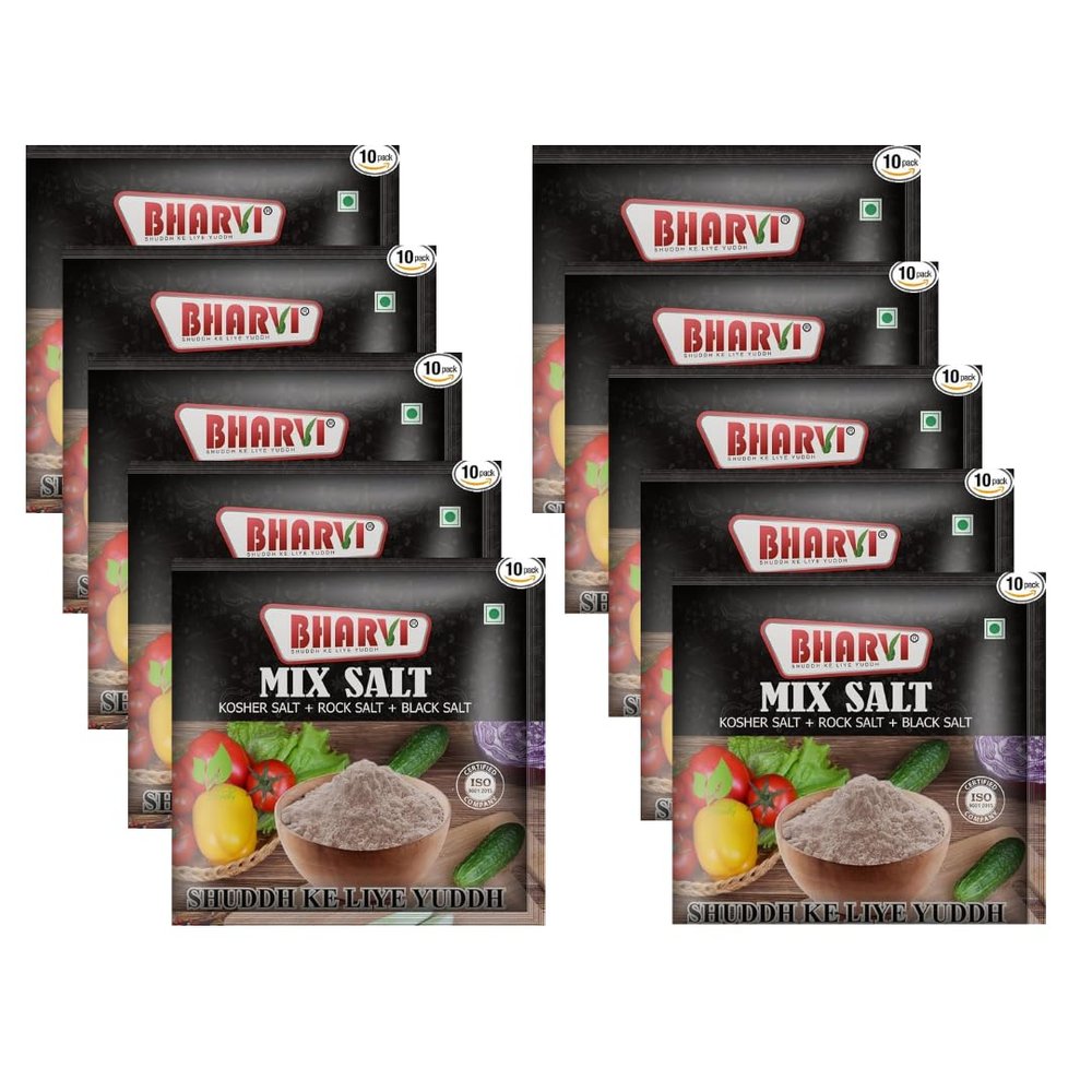 Bharvi Mixed Salt include Kosher, Rock and Black salt (Pack of 10) 1kg - 100g Each | Flavored Salt for Fruits, Chaat, Salads | Authentic Indian Taste