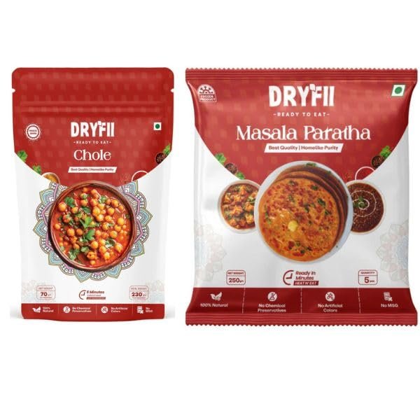 Dryfii Ready-to-Eat Combo Chole & Masala Paratha | 5 Masala Paratha in 1 Pack| Instant Veg Meal | Heat & Eat | Travel-Friendly & No Preservatives| Pack of 2