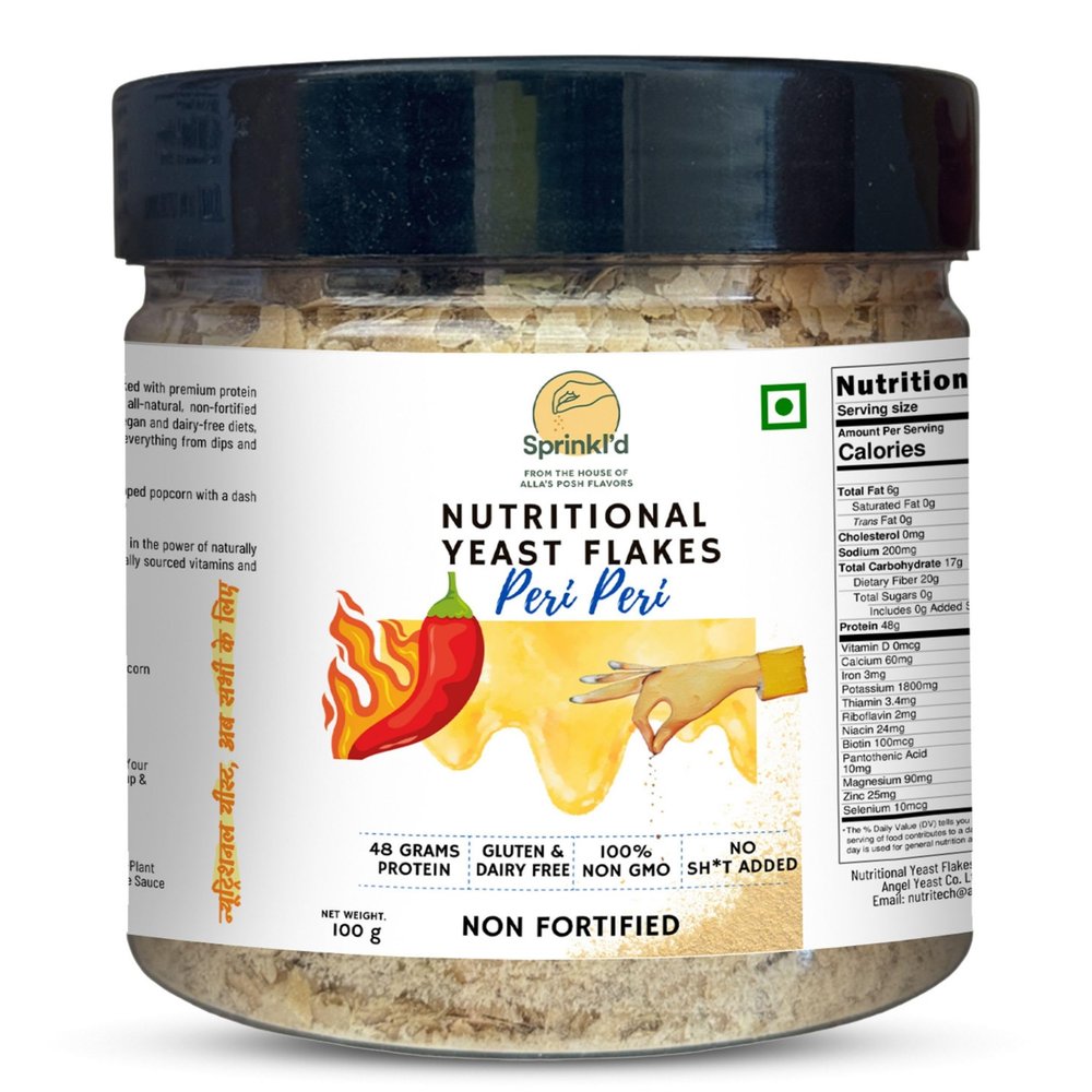 Sprinkl'd by Alla's Posh Flavors Non Fortified Nutritional Yeast Flakes Gluten-Free, Cheesy and Savory UnFortified Nooch | Rich in B Vitamins Minerals | High Protein Plant-based Superfood | Exclusive Flavors (100 Grams, Peri-Peri)