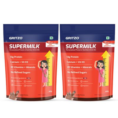 Gritzo SuperMilk Growth+ (Formerly Height+) (13+y Girls), 13g Protein Powder (Double Chocolate, 800g) | Zero Refined Sugar, 20 Vitamins & Minerals | Pack of 2