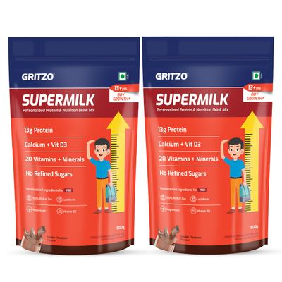 Gritzo SuperMilk Growth+ (Formerly Height+) (13+y Boys), 13g Protein Powder (Double Chocolate, 800g) | Zero Refined Sugar, 20 Vitamins & Minerals | Pack of 2