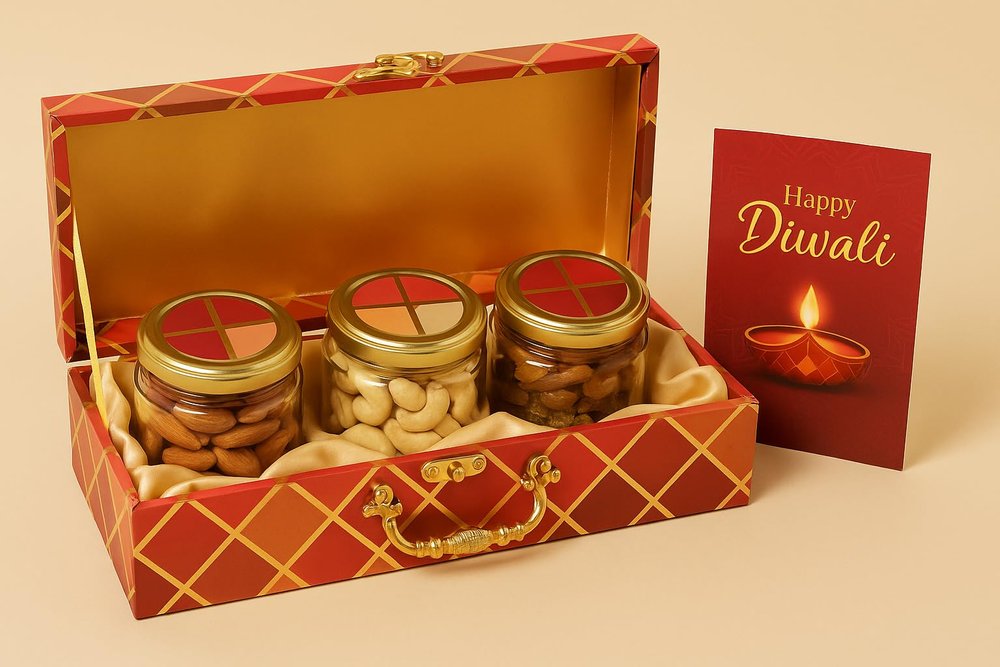 Bay Nut Gift Box with Premium Dry Fruits, Glass Jars and Greeting Card, Red and Gold 500gm
