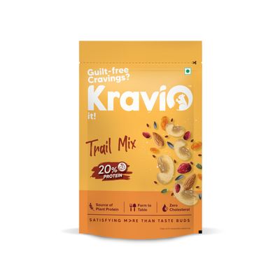 Kravio Premium Trail Mix 200g | Mixed Dry Fruits & Nuts Contains Cashew, Almond, Cranberry, Raisins, Pumpkin, Sunflower & Flax Seeds | Healthy Snacks, 20% Protein, Rich in Fibre, Zero Cholesterol