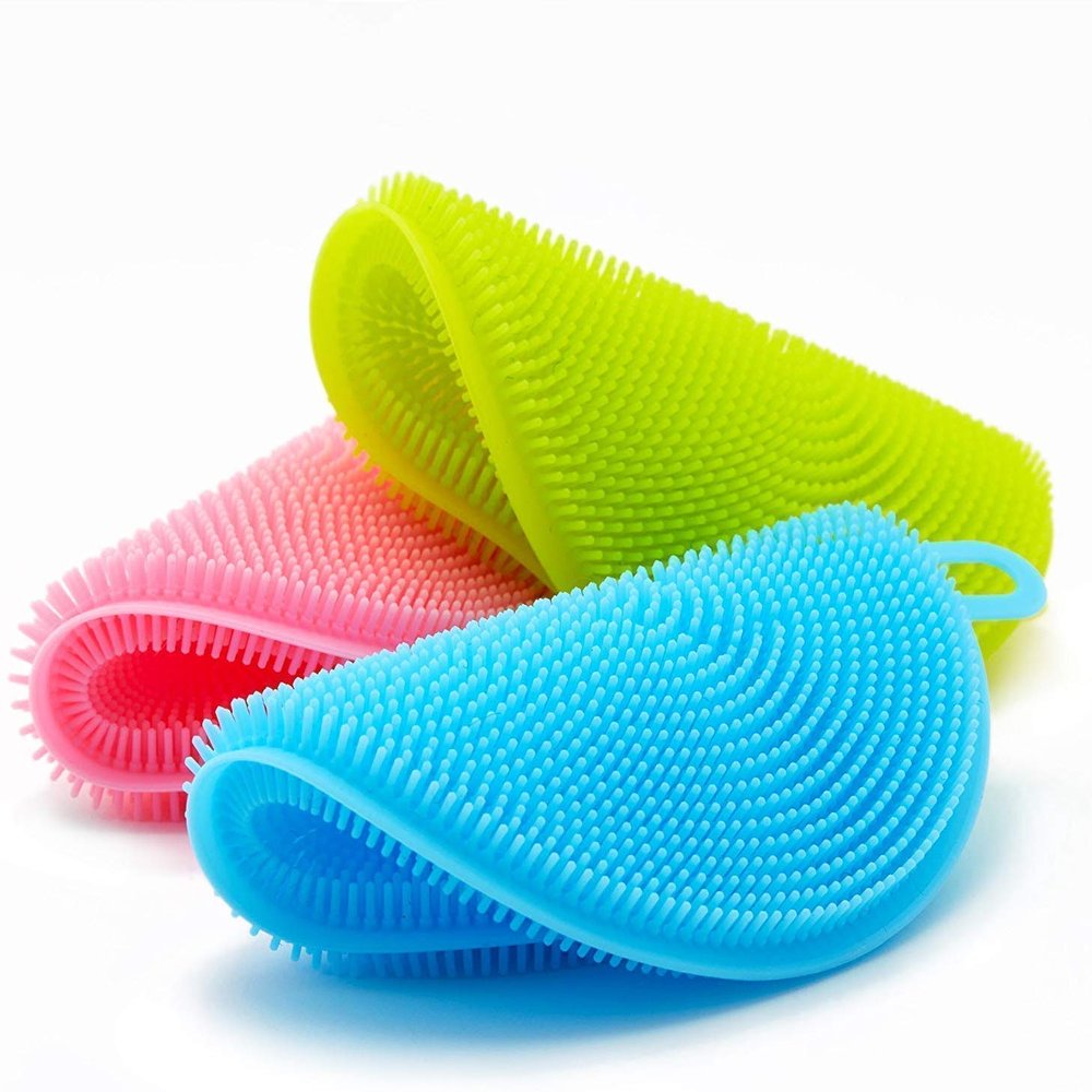 AHKIS Silicone Dish Scrubber, Silicone Sponge Dish Brush Food Grade BPA Free Reusable Rubber Sponges Dishwasher Safe and Dry Fast for Kitchen Dish Dishes Fruits Vegetables Washing and Cleaning. (4)