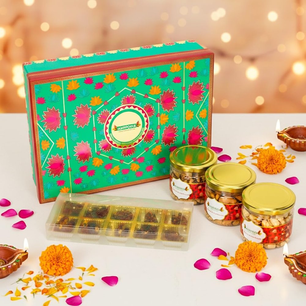 Ambrosia Mixed Delights Diwali Gift Box 670g I Festive Gift Hamper I Premium Dry-fruits I Almonds, Dates, Pista & Walnut Kernels I Corporate Diwali Hamper I Dry Fruit Gift Pack I Festive Hamper