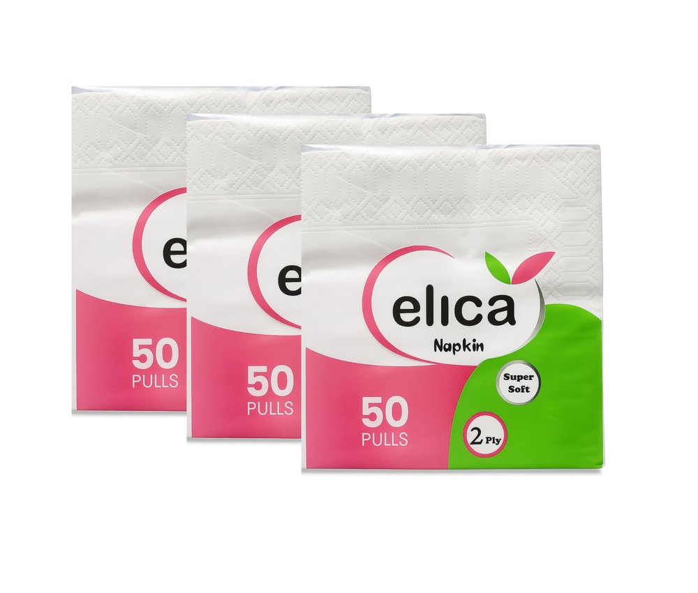 Elica Napkin 2 Ply Tissue Paper Napkins - Pack of 3 (50 Pulls Per Pack, 150 Sheets) | Soft, Highly Absorbent | Food Contact Safe | Ideal for Everyday Meals, Snacks & Dining Table Use | Virgin Paper