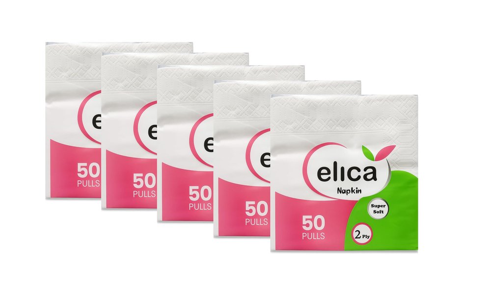 Elica Napkin 2 Ply Tissue Paper Napkins - Pack of 5 (50 Pulls Per Pack, 250 Sheets) | Soft, Highly Absorbent | Food Contact Safe | Ideal for Everyday Meals, Snacks & Dining Table Use | Virgin Paper