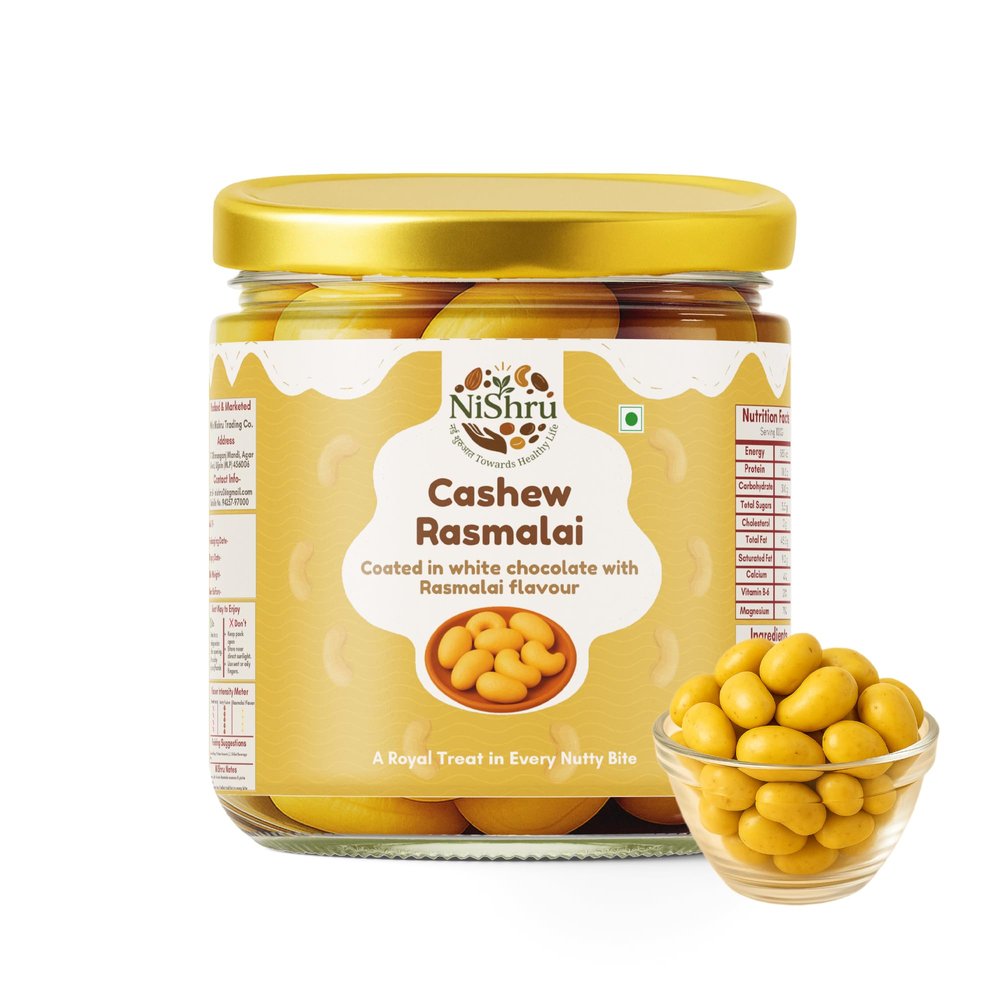 NiShru Cashew Rasmalai  Chocolate-Coated Rasmalai Flavoured Cashews | Sweet Saffron Nut Snack | Gourmet Festive Treat | 125g