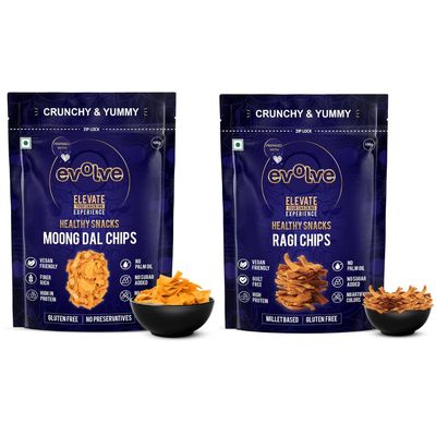 Evolve Moong Dal and Ragi Chips | Protein-Packed Crunchy Snack, Light & Crispy Treat, High-Fibre & Wholesome Munch, Healthy & Tasty Snacks for Adults | 200g (100g Each, Pack of 2)