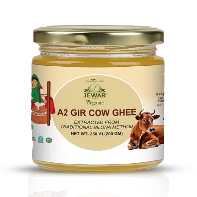 Jewar Organic A2 Cow Ghee (250ml) | 100% Natural Clarified Ghee (Bilona Method) from Grass-Fed Gir Cows Rich in Vitamins & Granular Texture