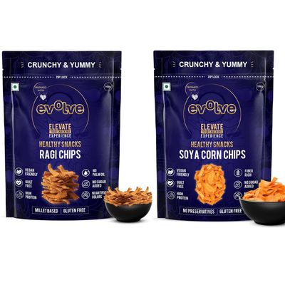 Evolve Ragi and Soya Corn Chips | Crunchy Protein Snack, Light & Flavorful, Guilt-Free Munch, Healthy Snacks for Adults, High-Fibre Energy Boost | 200g (100g Each, Pack of 2)
