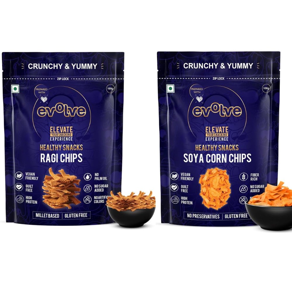 Evolve Ragi and Soya Corn Chips | Crunchy Protein Snack, Light & Flavorful, Guilt-Free Munch, Healthy Snacks for Adults, High-Fibre Energy Boost | 200g (100g Each, Pack of 2)
