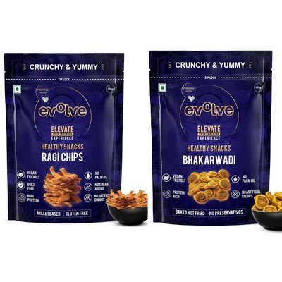 Evolve Ragi Chips and Bhakarwadi | Fibre-Rich Snack Combo, Light & Crispy, High-Protein Crunch, Tasty Tea-Time Treats for Adults, Snack Options | 200g (100g Each, Pack of 2)