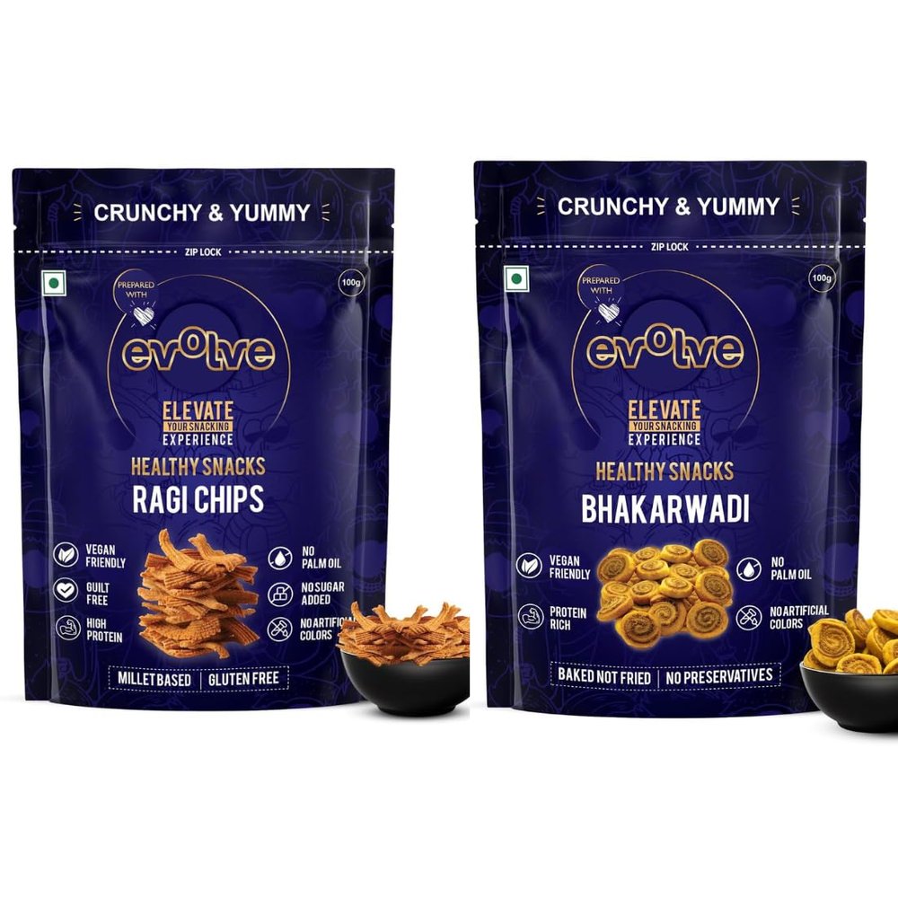 Evolve Ragi Chips and Bhakarwadi | Fibre-Rich Snack Combo, Light & Crispy, High-Protein Crunch, Tasty Tea-Time Treats for Adults, Snack Options | 200g (100g Each, Pack of 2)