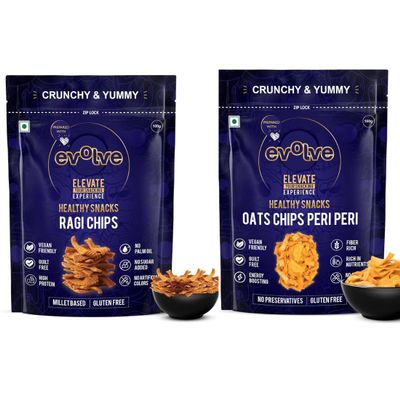 Evolve Ragi and Oats Chips | High-Fibre Crunchy Snack, Light & Nutritious Treats, Protein-Rich Snacks, Light & Wholesome Munchies, No Palm Oil & Preservative-Free | 200g (100g Each, Pack of 2)