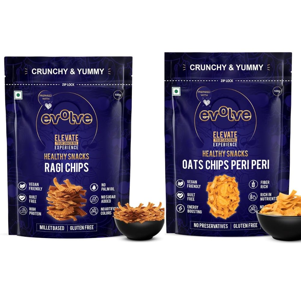 Evolve Ragi and Oats Chips | High-Fibre Crunchy Snack, Light & Nutritious Treats, Protein-Rich Snacks, Light & Wholesome Munchies, No Palm Oil & Preservative-Free | 200g (100g Each, Pack of 2)