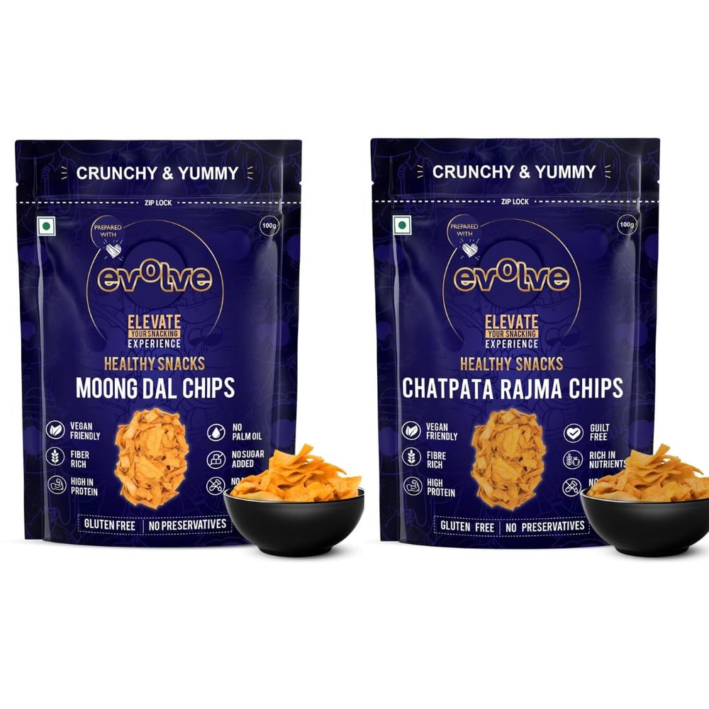Evolve Moong Dal and Rajma Chips | Protein-Rich Crunchy Snack, Light & Savory Treats, High-Fibre Snacks, Healthy & Nutritious, Perfect for Adults | 200g (100g Each, Pack of 2)