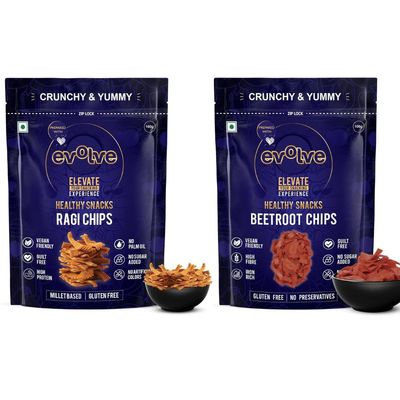 Evolve Ragi and Beetroot Chips | Protein-Rich Crunch Snack, Light & Savory Treats, High-Fibre Snacks, Healthy & Nutritious, Perfect for Adults | 200g (100g Each, Pack of 2)