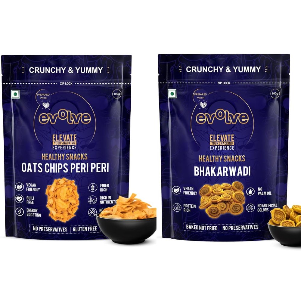 Evolve Oats Chips and Bhakarwadi | Protein & Fibre-Rich Snack, Light & Flavorful, Savory Tasty Munchies, Healthy Snack Choice for Adults | 200g (100g Each, Pack of 2)