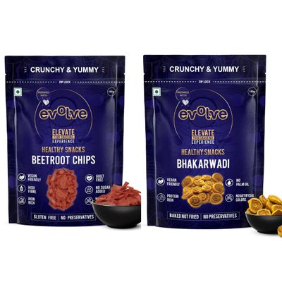 Evolve Beetroot Chips and Bhakarwadi | Protein & Fibre-Rich Snack, Light & Flavorful Crunch, Healthy Tasty Treats, Wholesome Snacks for Adults | 200g (100g Each, Pack of 2)