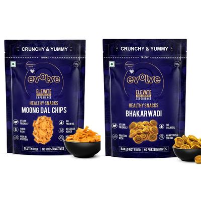 Evolve Moong Dal and Bhakarwadi Chips | Protein & Fibre Snack, Crispy & Flavorful, Light & Healthy Treats, Perfect for Tea-Time Snacking, Nutritious & Delicious | 200g (100g Each, Pack of 2)