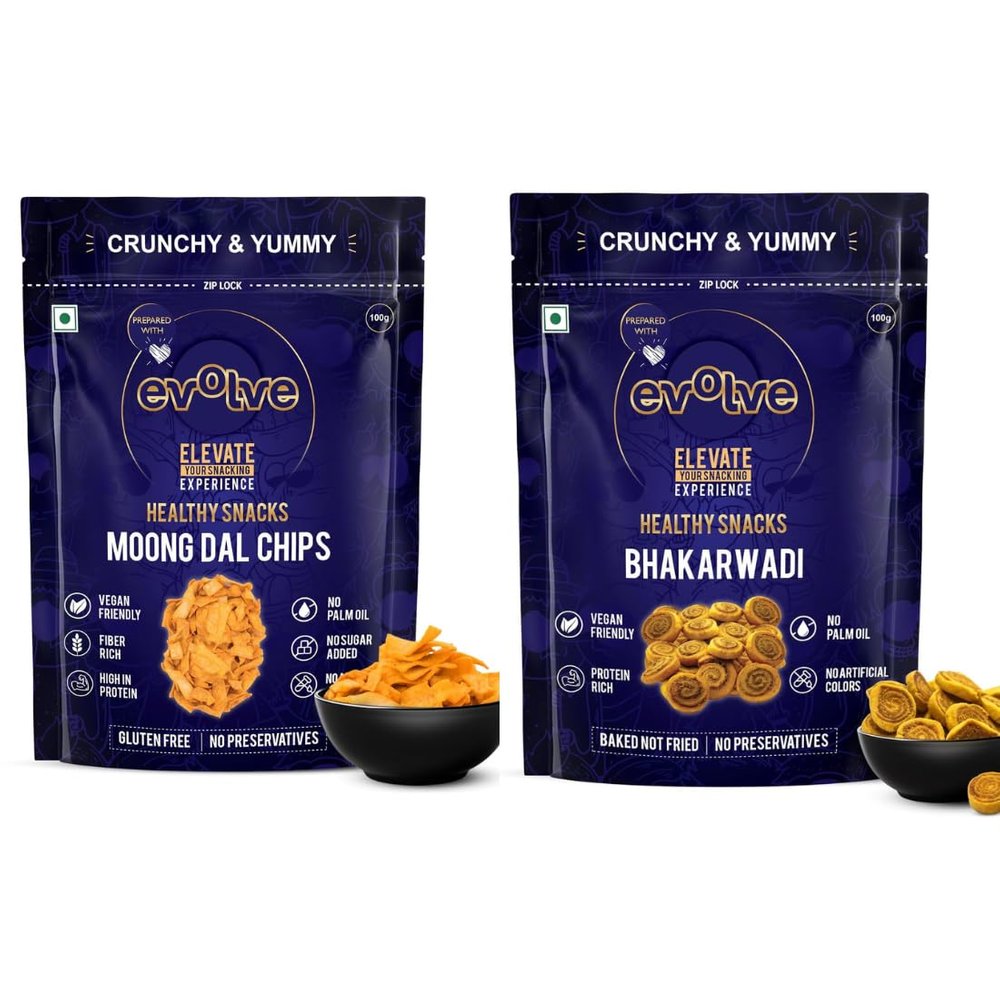 Evolve Moong Dal and Bhakarwadi Chips | Protein & Fibre Snack, Crispy & Flavorful, Light & Healthy Treats, Perfect for Tea-Time Snacking, Nutritious & Delicious | 200g (100g Each, Pack of 2)